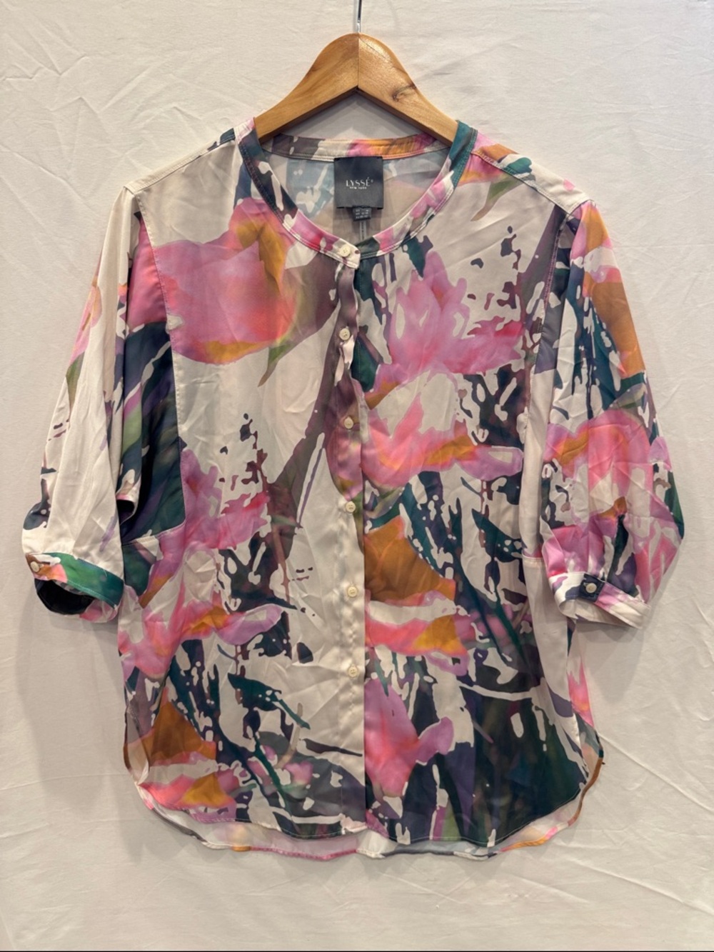 LYSSE Floral Watercolor Button-Front Blouse in Pink Multi, Size Medium